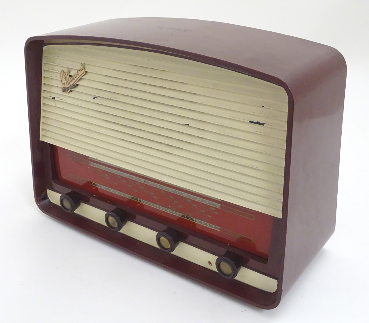 A 1950s / 1960s Marconi Marconiphone T69DA valve radio, with burgundy cover and white detail, - Image 5 of 6