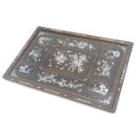 A late 19th / early 20thC Chinese rosewood tray with abalone inlay flowers, butterflies, birds,