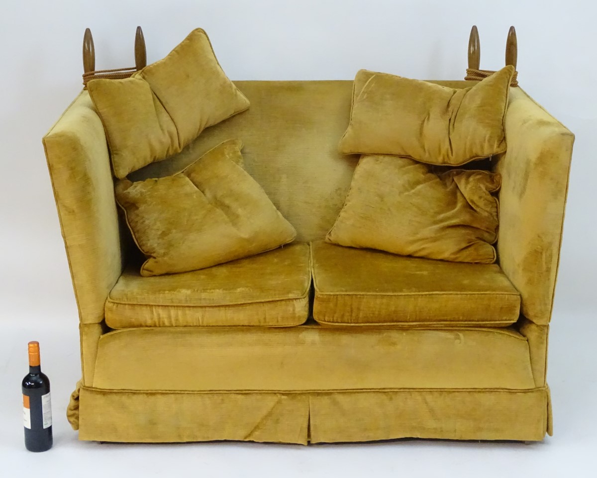 A mid / late 20thC two seater knole sofa with turned walnut finials and drop ends. - Image 4 of 6