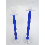 Orrefors Sweden : Two glass Celeste design candlesticks by Anne Nilsson for Orrefors Sweden.