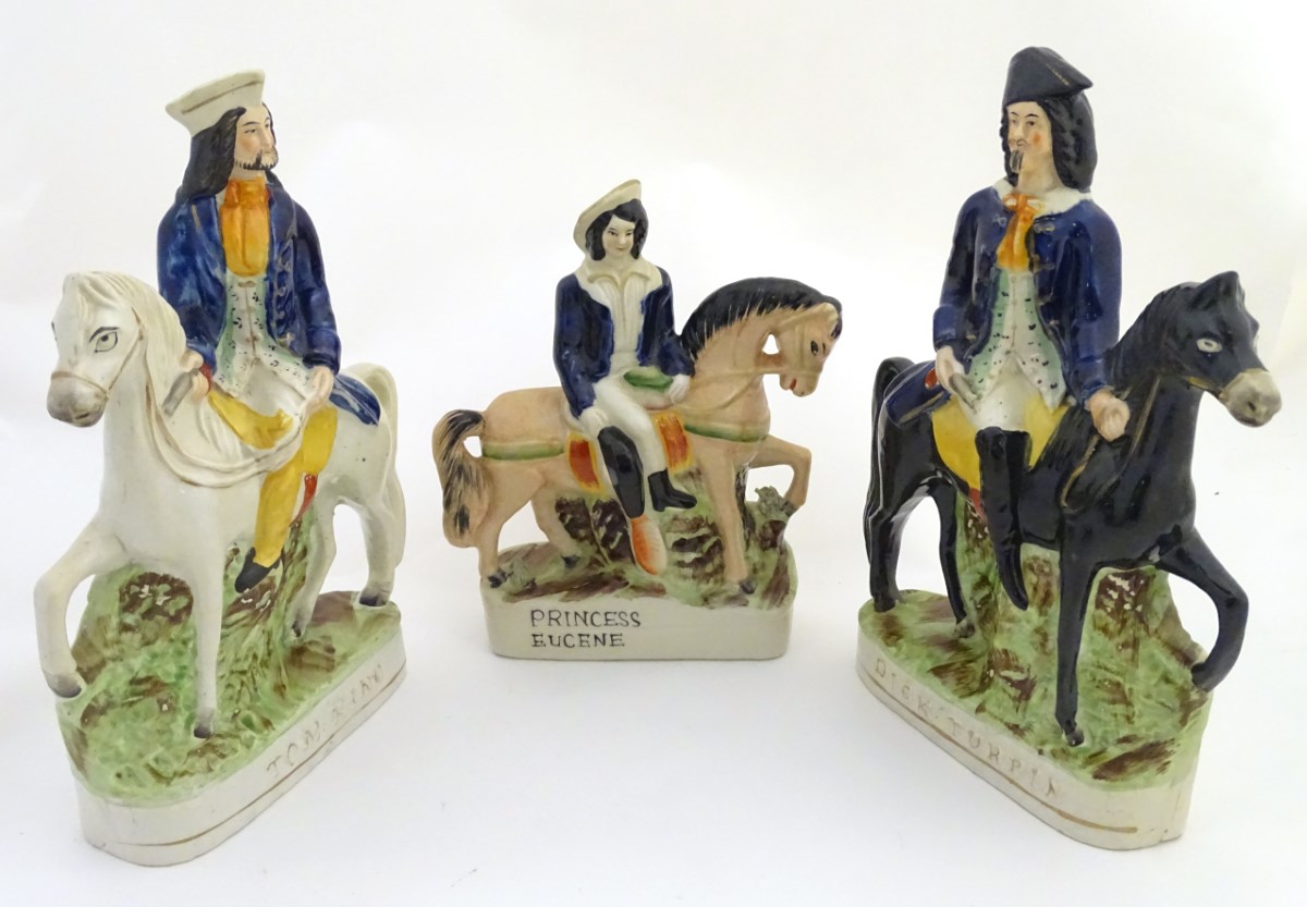 Three Victorian Staffordshire pottery flatback figures on horseback, to include Dick Turpin, - Image 4 of 12