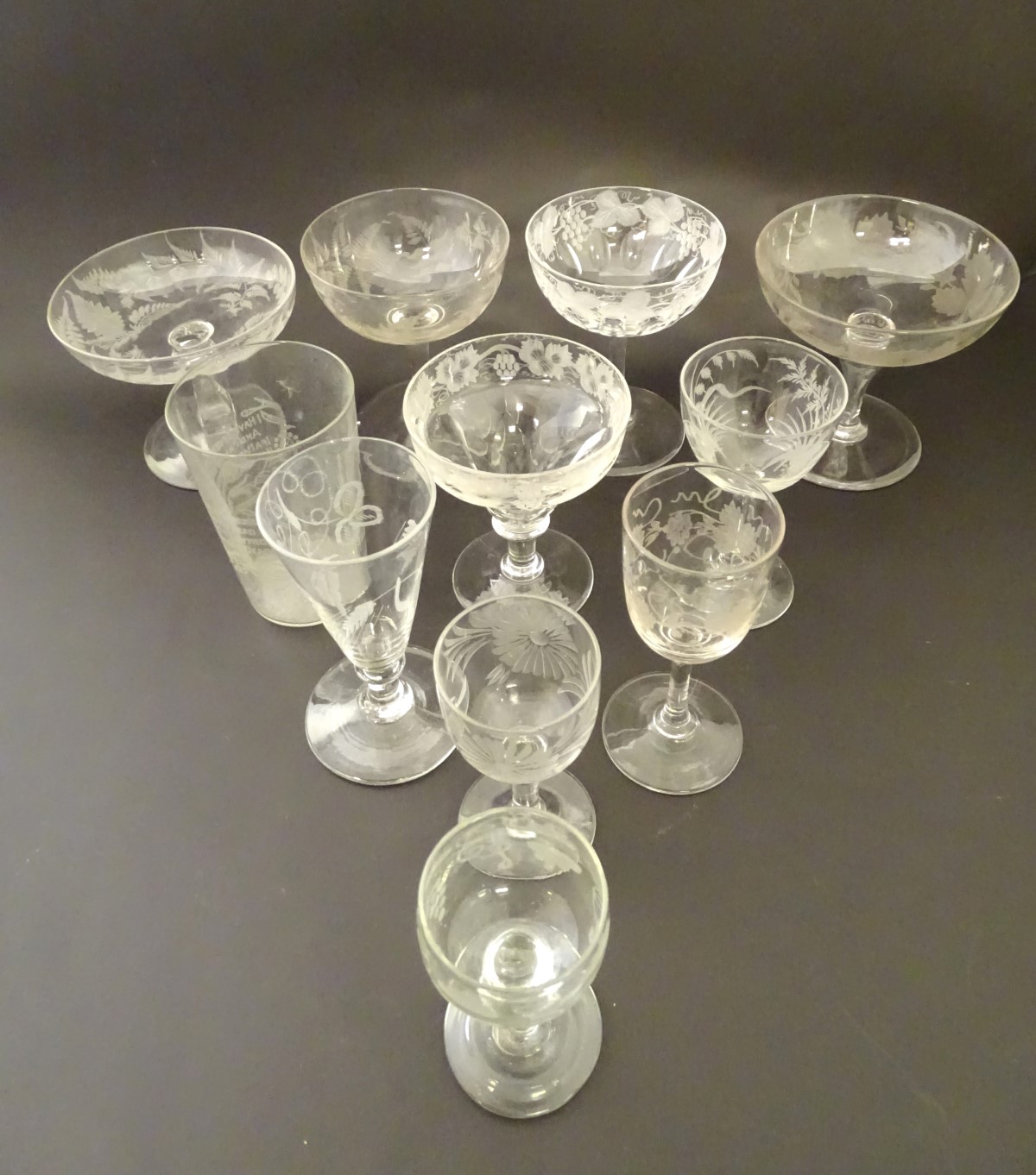 Assorted 19thC / early 20thC glassware including pedestal glasses with etched decoration etc