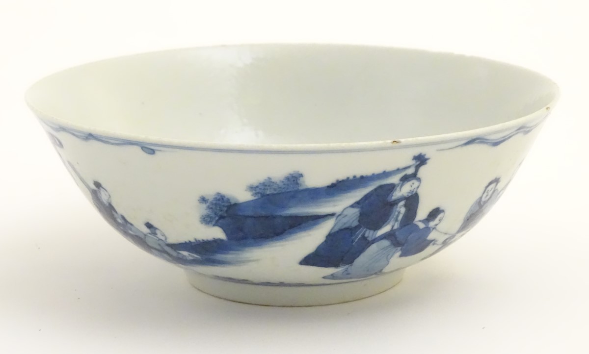 A Chinese blue and white bowl depicting figures in a landscape. Character marks under. - Image 6 of 8