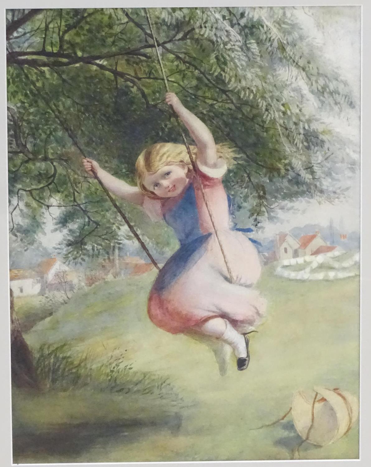 Manner of David Hardy, XX, Watercolour, A young girl on a swing in a pink dress, - Image 3 of 4