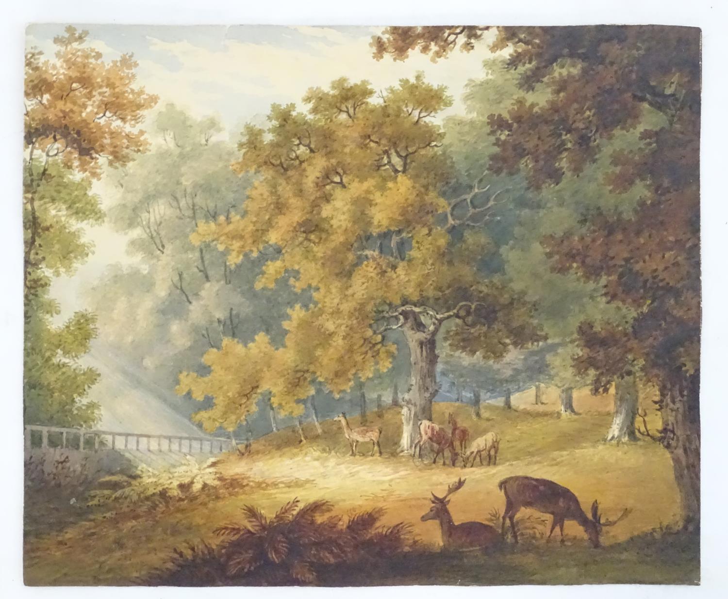 Manner of Paul Sandby (1731-1809), English School, Watercolour, Deer in a woodland glade, - Image 3 of 4