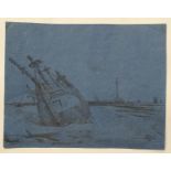 After Samuel Owen (1768-1857), XIX, Old Master lithographic print on blue laid paper, Marine Hulk,