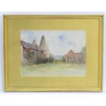 M. G., XX, English School, Watercolour, Oast houses and a barn in a landscape, Kent, Initialled M.