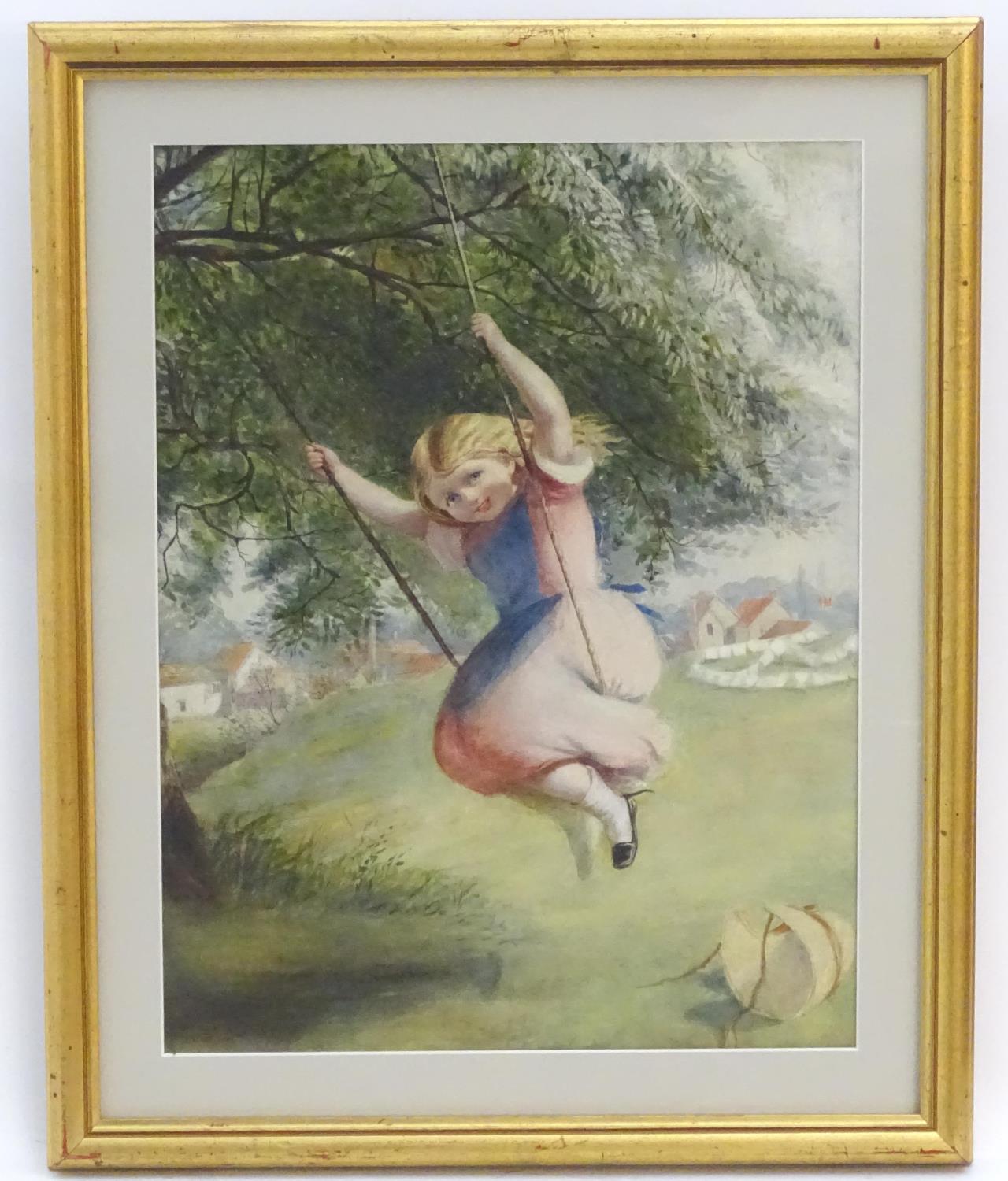 Manner of David Hardy, XX, Watercolour, A young girl on a swing in a pink dress,