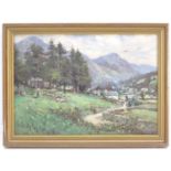 XX, English School, Oil on canvas, A countryside scene depicting a village landscape with figures,