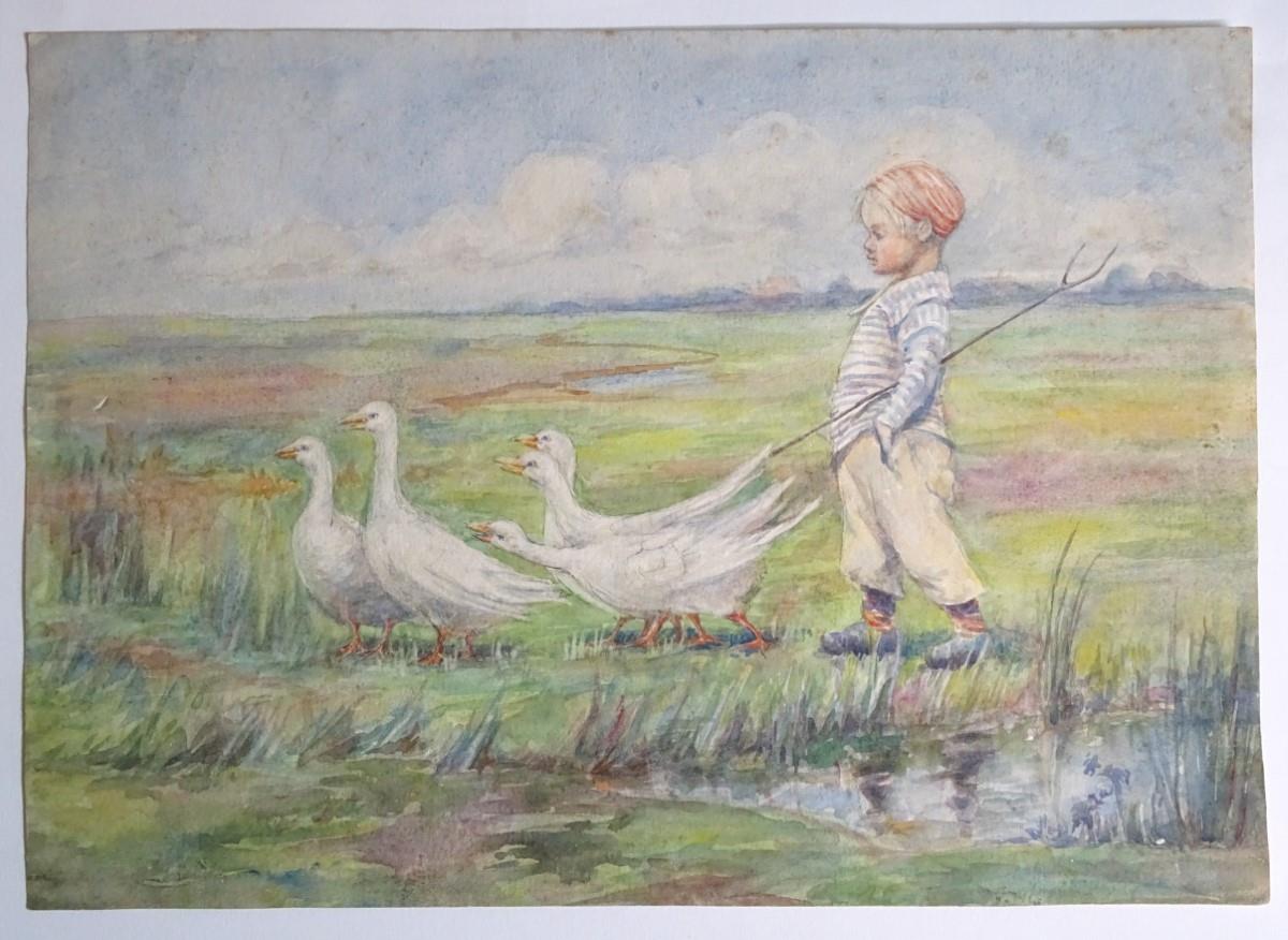 Mid XX, Continental School, Watercolour, A young boy with geese on a water meadow. Approx.