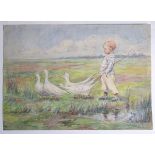 Mid XX, Continental School, Watercolour, A young boy with geese on a water meadow. Approx.