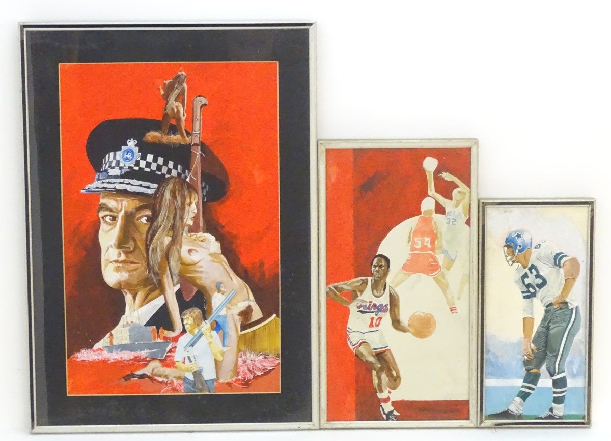 English School, XX, Oil on board x3, A film style poster with a man in police uniform, two nudes,