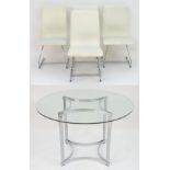 A mid / late 20thC glass top table with a chromed base and four cantilever dining chairs with