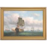 James Hardy, XX, Marine School, Oil on canvas board, A Naval engagement with war ships firing,