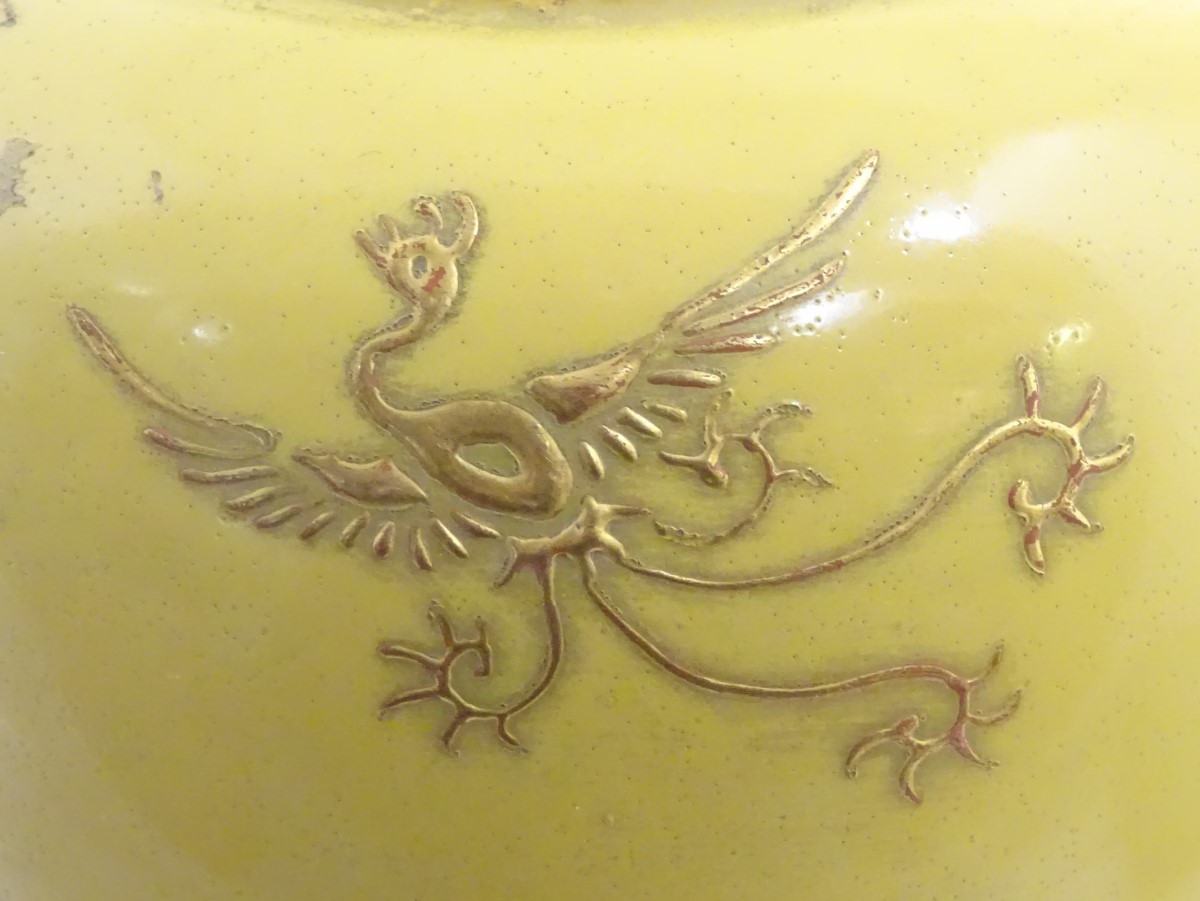 A Chinese yellow ground ginger jar with lid and lid liner. The body with gilt decoration in relief - Image 15 of 19