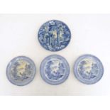 Four 19thC blue and white plates, three in the pattern Arcadian Chariots, with Roman figures in a