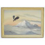 Indistinctly signed Atkinson, XX, Oil on board, A bald eagle in flight at dawn with snow capped