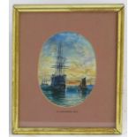 G. Chambers, XIX, Watercolour, an oval, Boats at sunset, A moored warship under a dying sun,