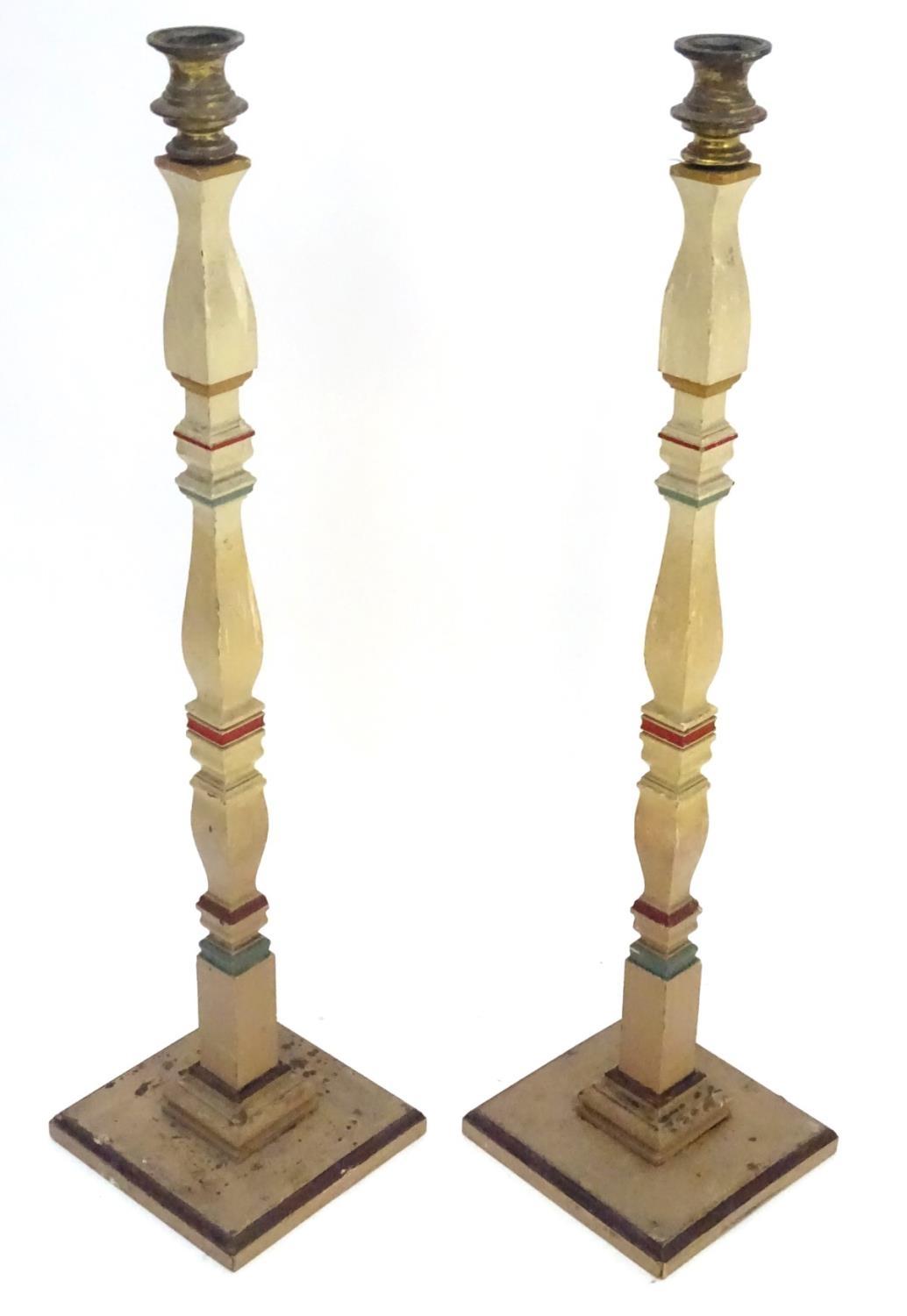 A pair of 20thC tall squared based candlesticks of carved wooden form with painted decoration and - Image 8 of 16