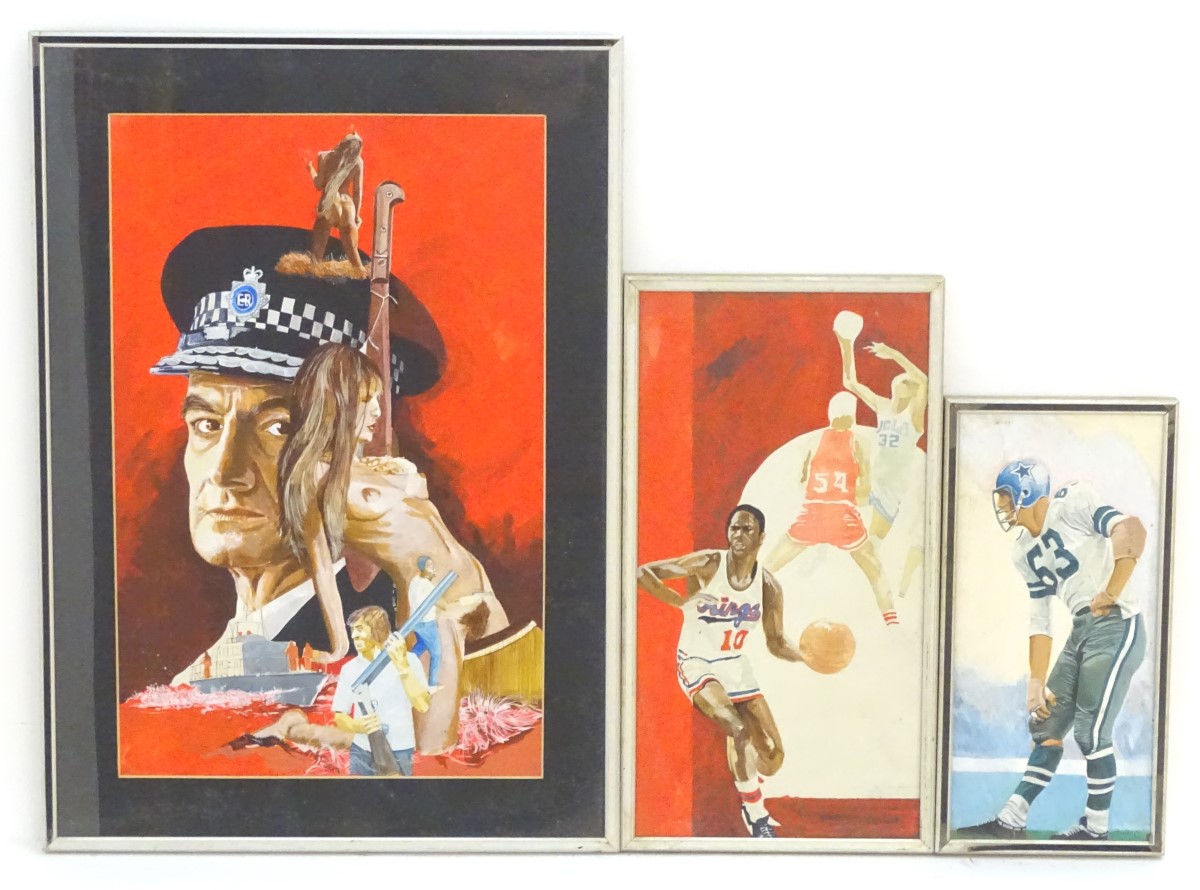 English School, XX, Oil on board x3, A film style poster with a man in police uniform, two nudes, - Image 7 of 11