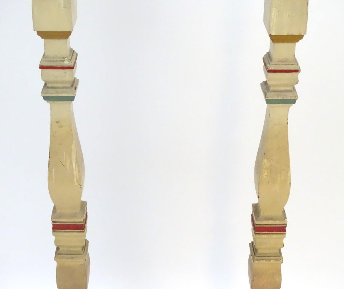 A pair of 20thC tall squared based candlesticks of carved wooden form with painted decoration and - Image 6 of 16