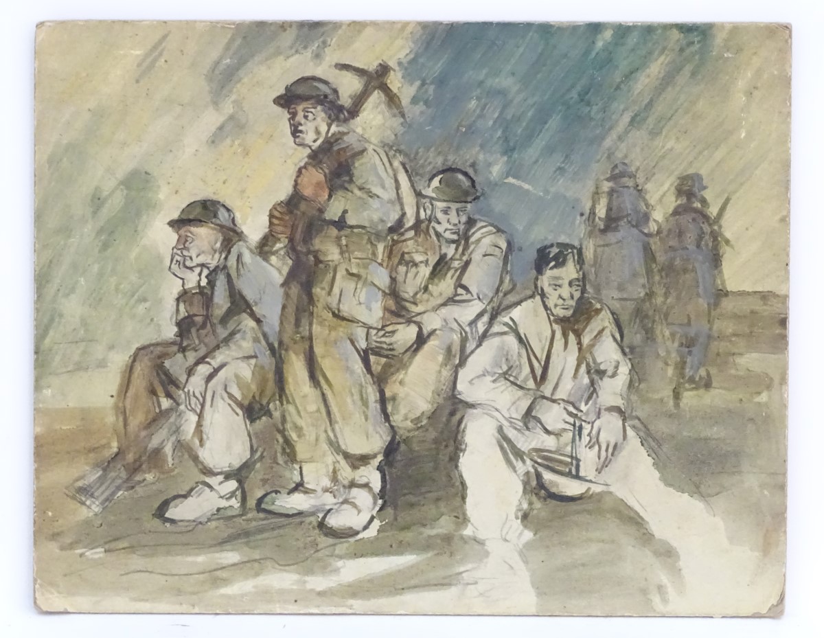 Indistinctly signed I. R. J, XX, Watercolour, The Day After D-Day, Contemplative World War Two / - Image 5 of 5