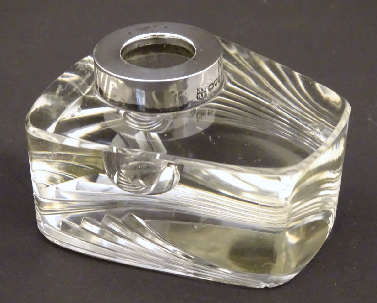 An early-20thC lead glass inkwell, the base with mitre cut decoration, silver rim hallmarked 1903 - Image 5 of 7