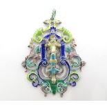 An enamel pendant decorated with cherub, griffins etc in the Austro Hungarian style. 2 3/4" long