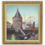 David Ronald, XX, Dutch School, Oil on canvas laid on board, Dutch canal with tower and fishing