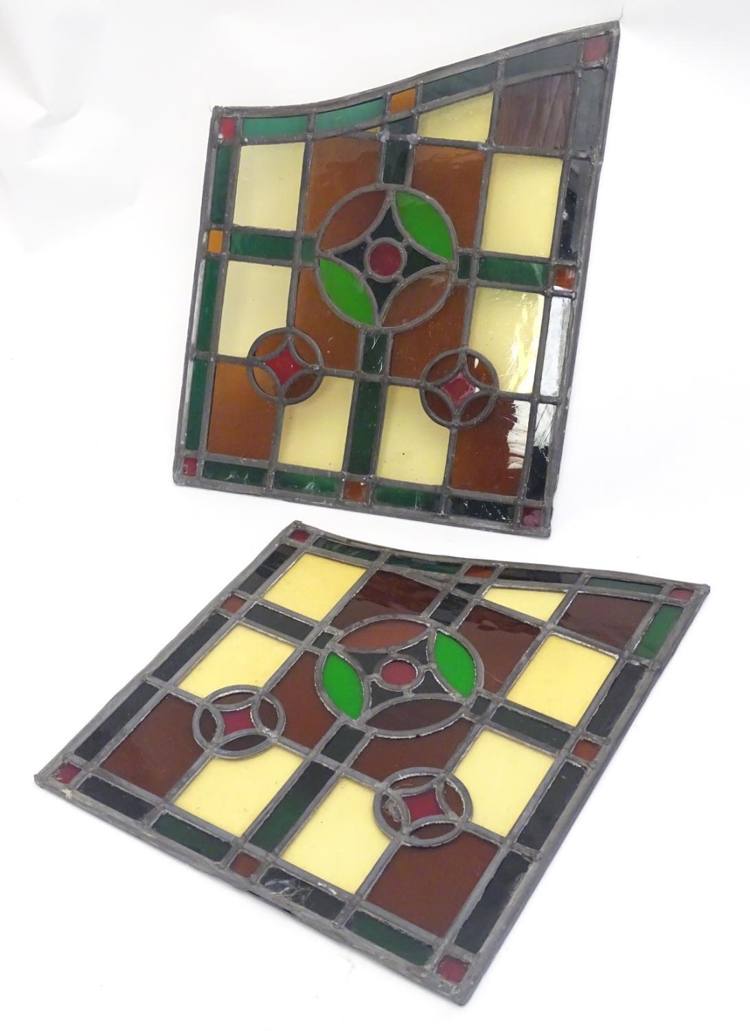 A pair of early 20thC lead and stained glass window / door panels, of irregular quadrilateral - Bild 4 aus 9