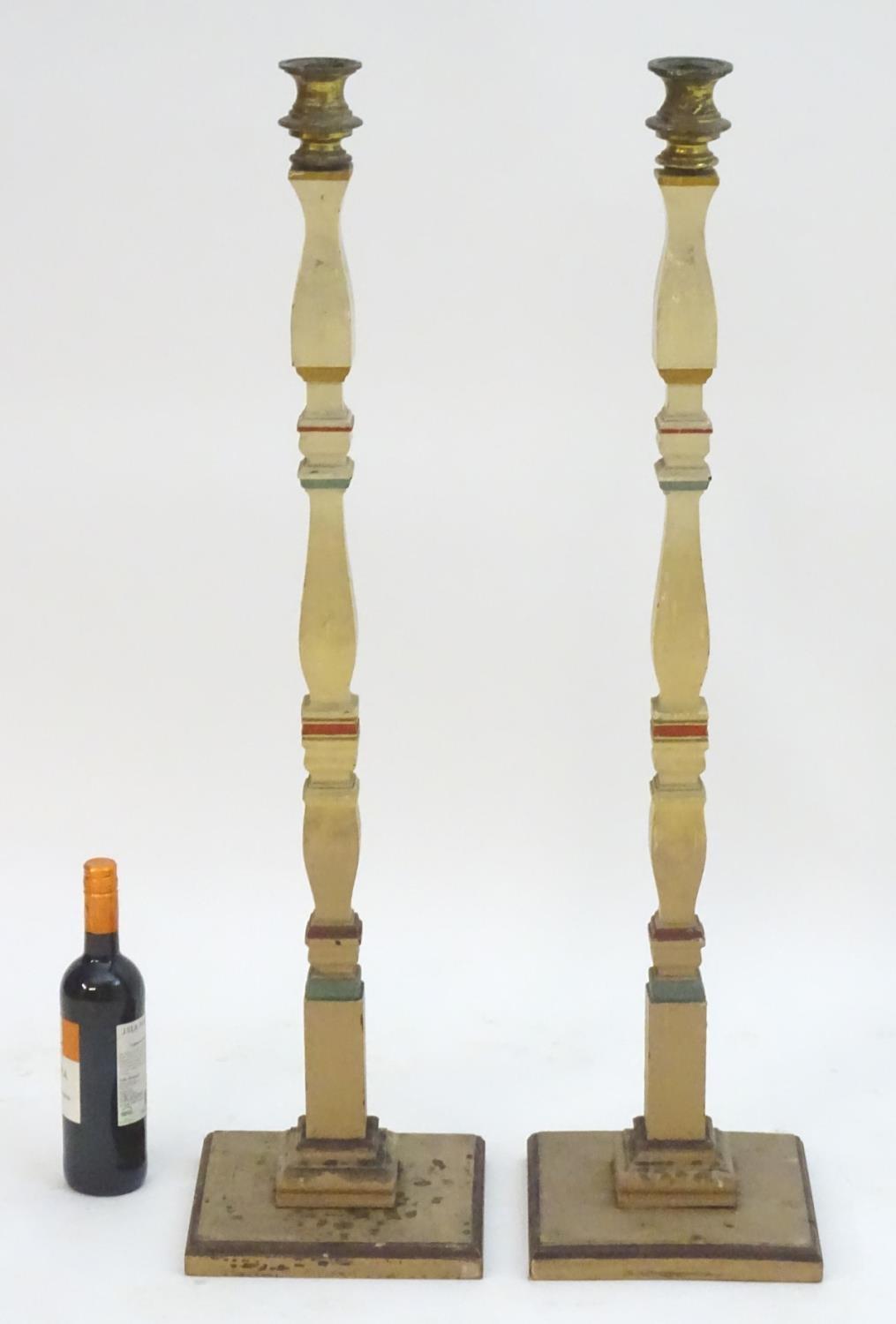 A pair of 20thC tall squared based candlesticks of carved wooden form with painted decoration and - Image 14 of 16