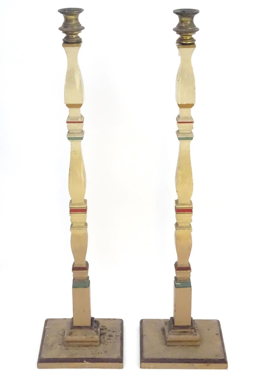 A pair of 20thC tall squared based candlesticks of carved wooden form with painted decoration and - Image 2 of 16