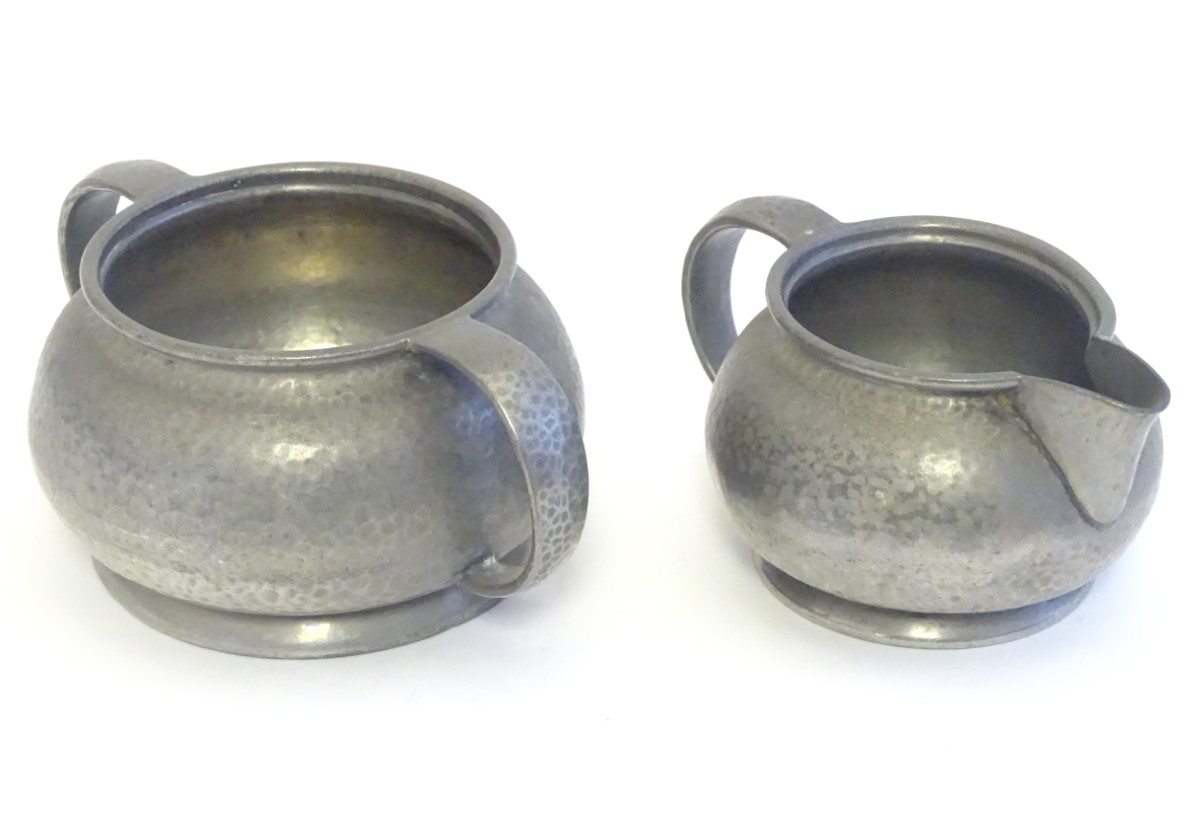 An early 20thC pewter milk jug and sugar bowl designed by Archibald Knox for the Tudric range by - Image 7 of 13