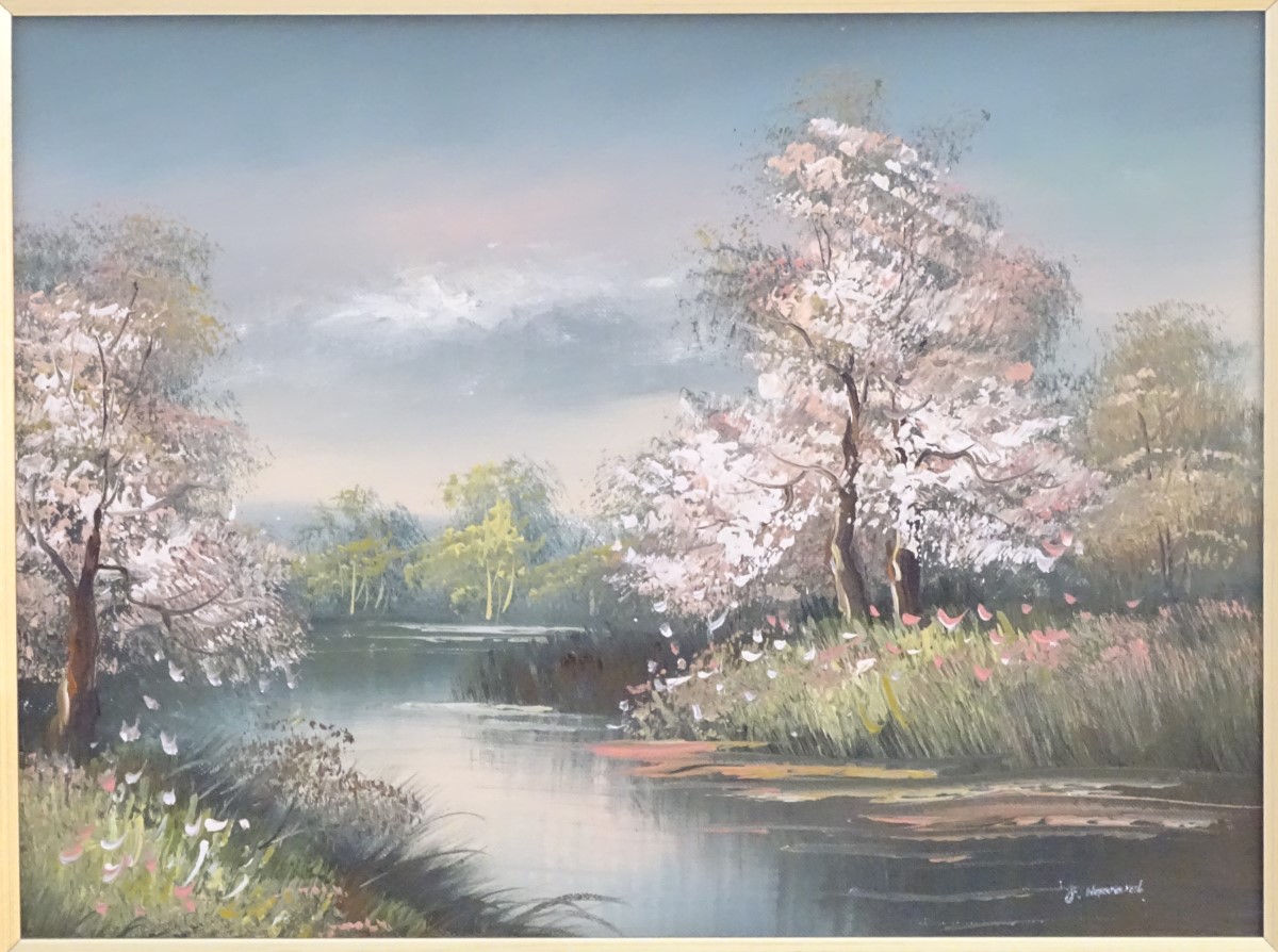 J Howard, XX, Oil on canvas, A river landscape with blossoming trees. Signed lower right. Approx. 11 - Image 7 of 9