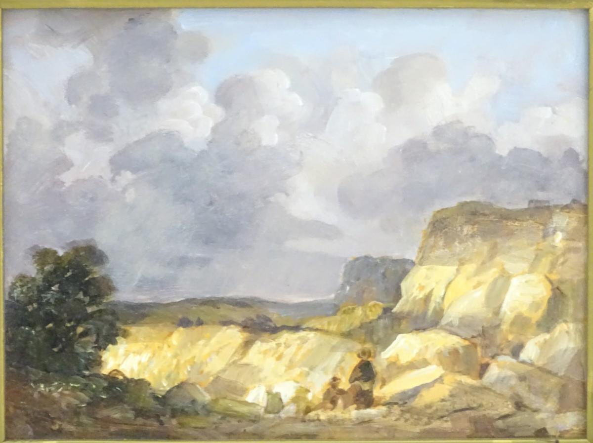 Manner of JMW Turner (1775?1851), Oil on board, Figures overlooking a quarry landscape. Approx. 5 - Image 4 of 5