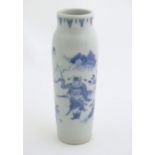 A Chinese blue and white vase of narrow form, depicting figures in a stylised landscape. Approx. 8