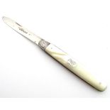 A Victorian silver folding fruit knife with other of pearl handle. Hallmarked Sheffield 1894,