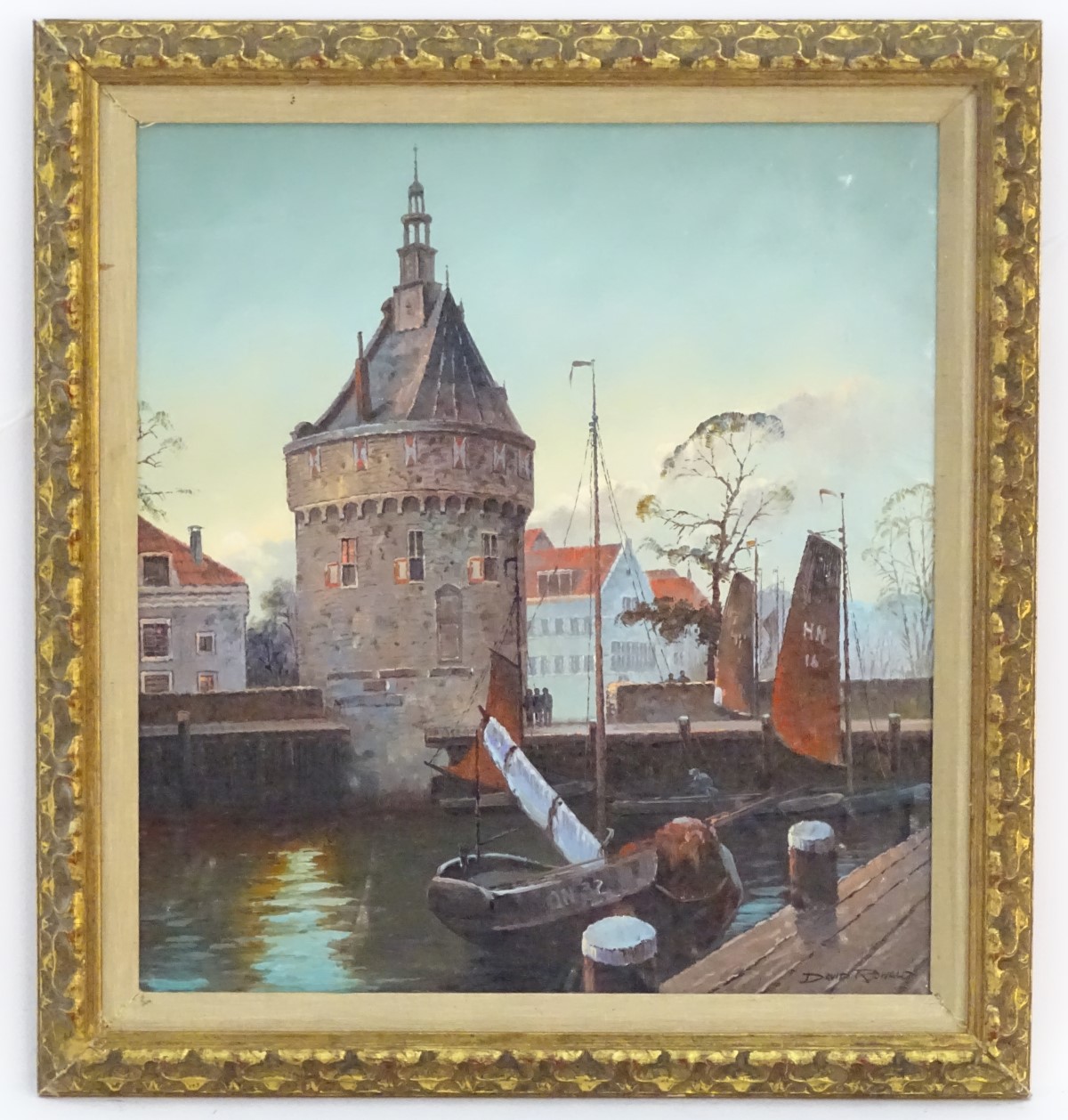 David Ronald, XX, Dutch School, Oil on canvas laid on board, Dutch canal with tower and fishing - Image 5 of 11