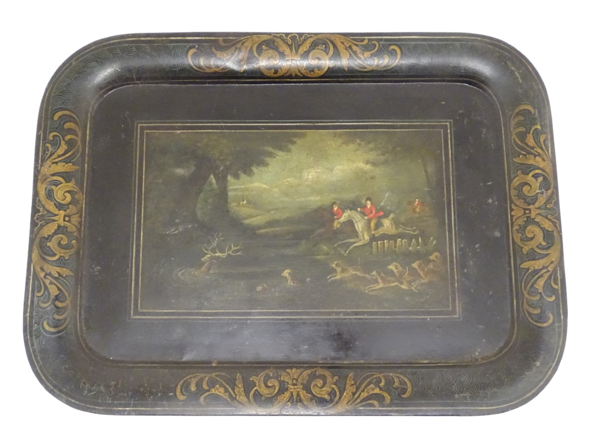 An early 19thC tole peinte tray, decorated with a stag hunting scene, with figures on horseback - Image 4 of 11