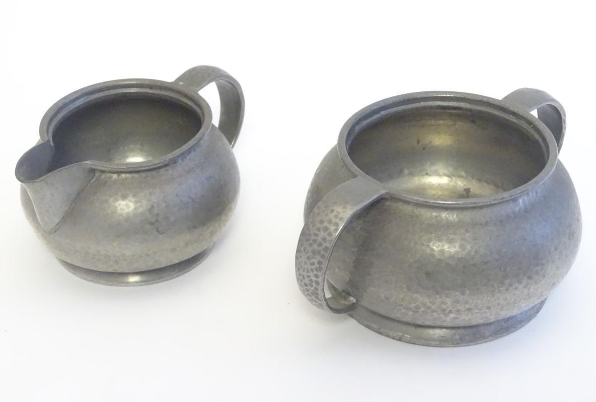 An early 20thC pewter milk jug and sugar bowl designed by Archibald Knox for the Tudric range by - Image 4 of 13