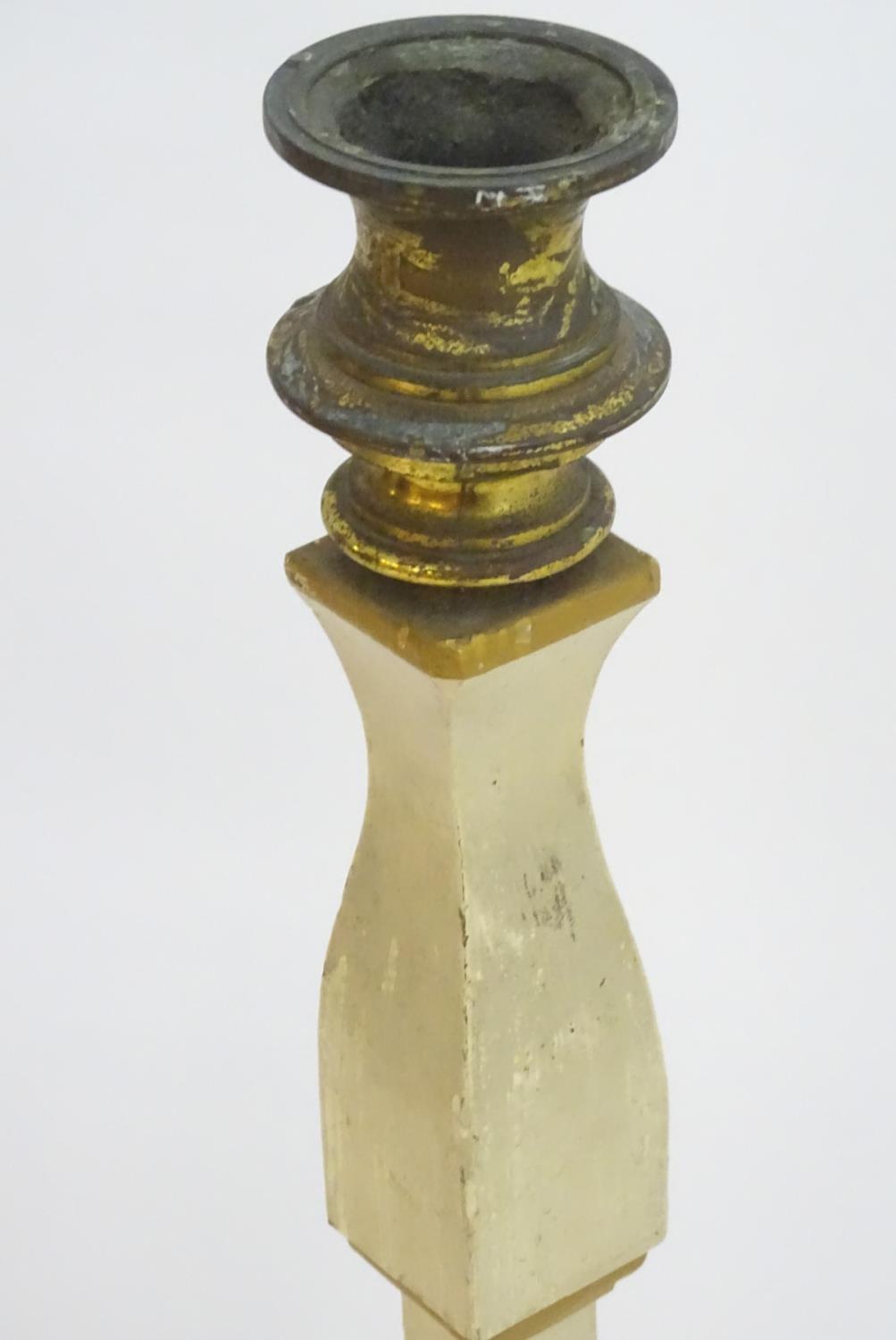 A pair of 20thC tall squared based candlesticks of carved wooden form with painted decoration and - Image 10 of 16