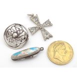 Assorted items including a silver brooch hallamrked Bimirgham 1971, a white metal cross formed