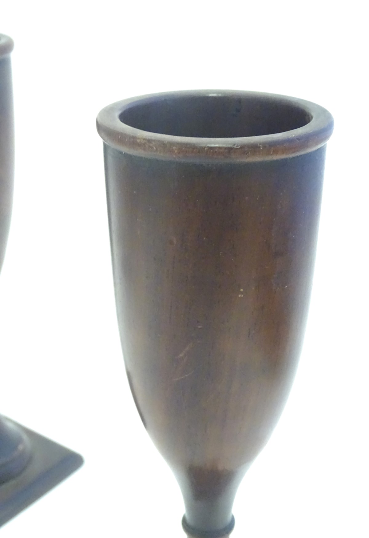 Treen: A pair of walnut turned fluted vases on squared bases. Approx. 7 7/8" high (2) Please - Image 7 of 7