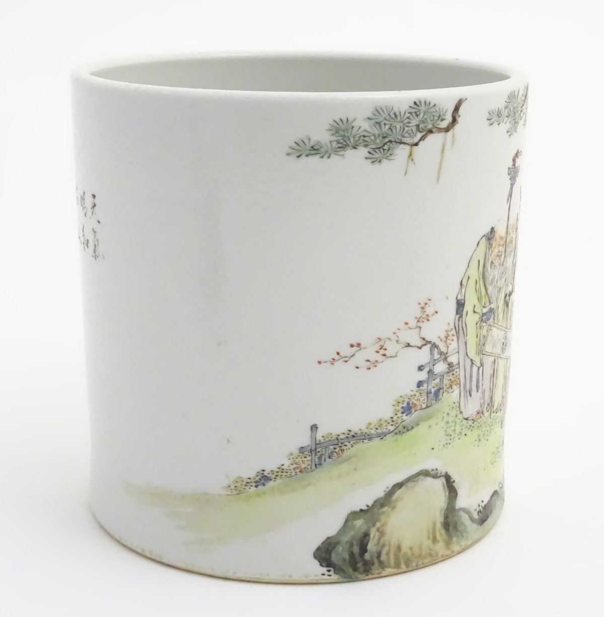 A large Chinese famille rose pot/planter, depicting five elders in a landscape with a scroll with - Image 8 of 8