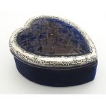 A large velvet covered dressing table box of heart shape with silver surround hallmarked