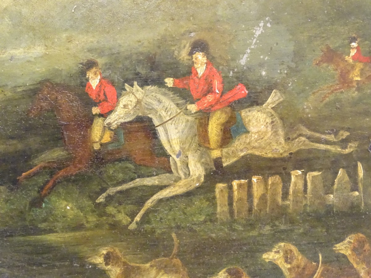 An early 19thC tole peinte tray, decorated with a stag hunting scene, with figures on horseback - Image 7 of 11