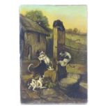 English School, Early XX, Oil on canvas, A Victorian farmyard scene with dogs after a marooned cat