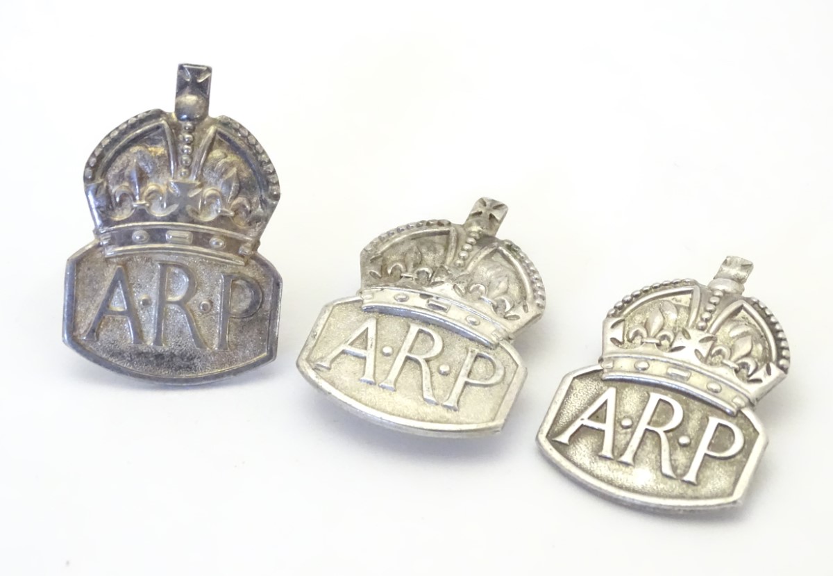 Militaria: two WW2 / World War 2 / Second World War silver ARP lapel badges, together with a pin