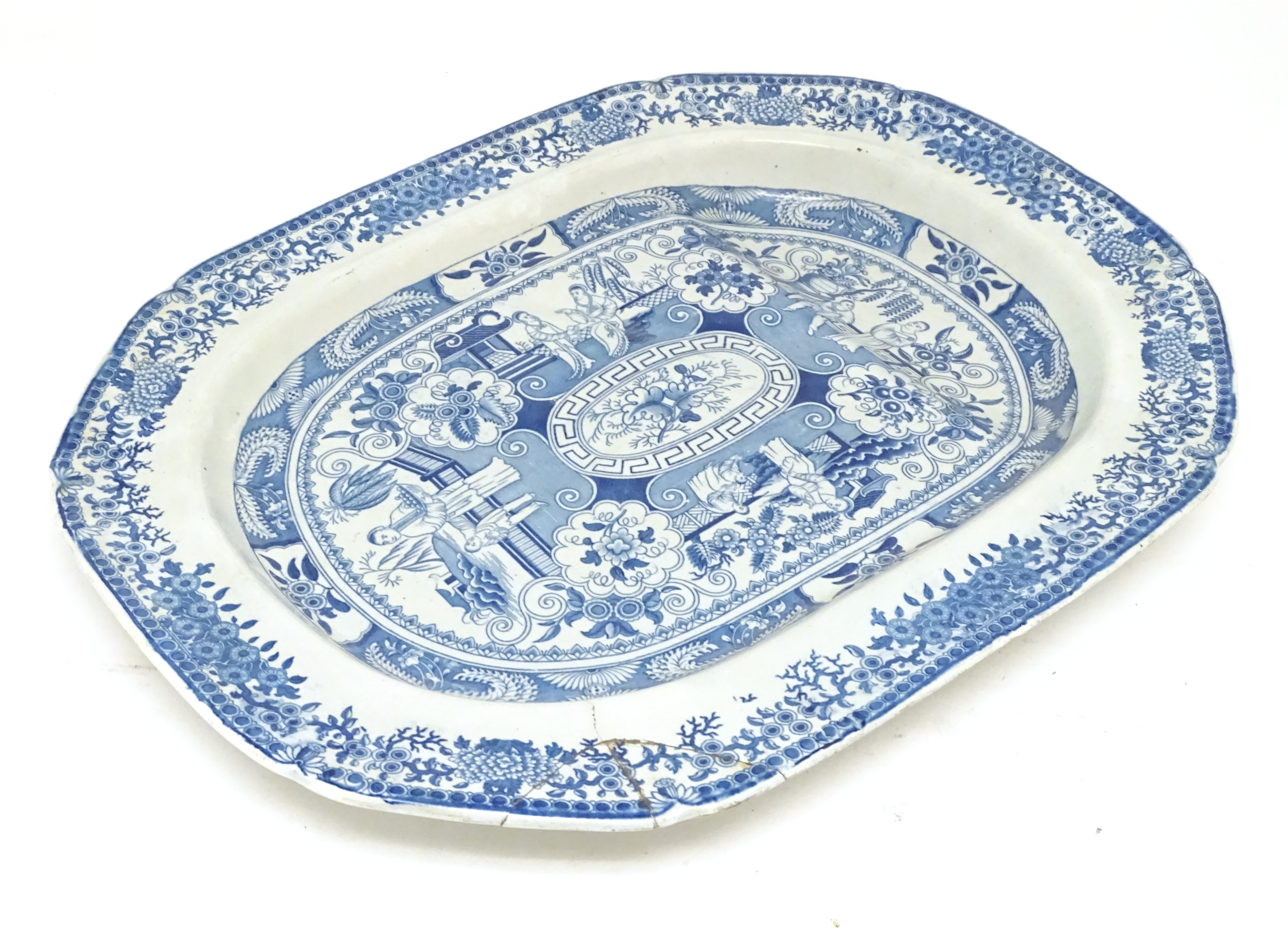 A 19thC blue and white tree and well meat plate, with panelled decoration depicting figures on - Bild 5 aus 6