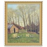 J. Eden, XX, English School, Oil on board, A naive depiction of sheep with their lambs on a farm,